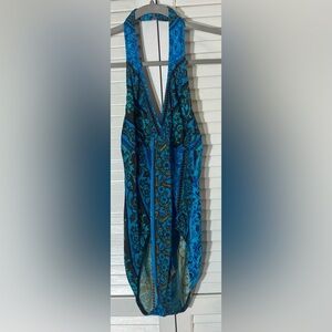 Beach Native One Piece Halter Swimsuit, Size 12, Blue & Brown Patterned Design